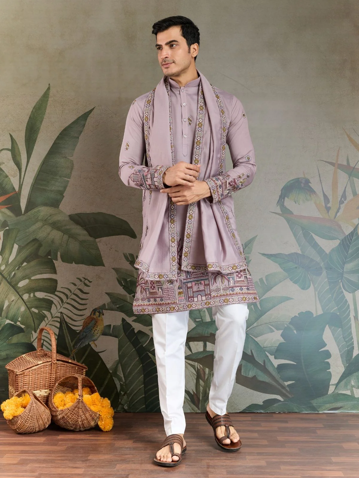 Odette Dusty Pink Viscose Silk Embroidered Stitched Kurta For Men - Image 2