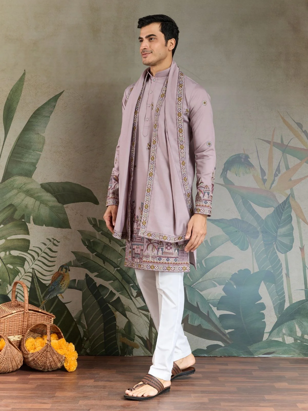 Odette Dusty Pink Viscose Silk Embroidered Stitched Kurta For Men - Image 3