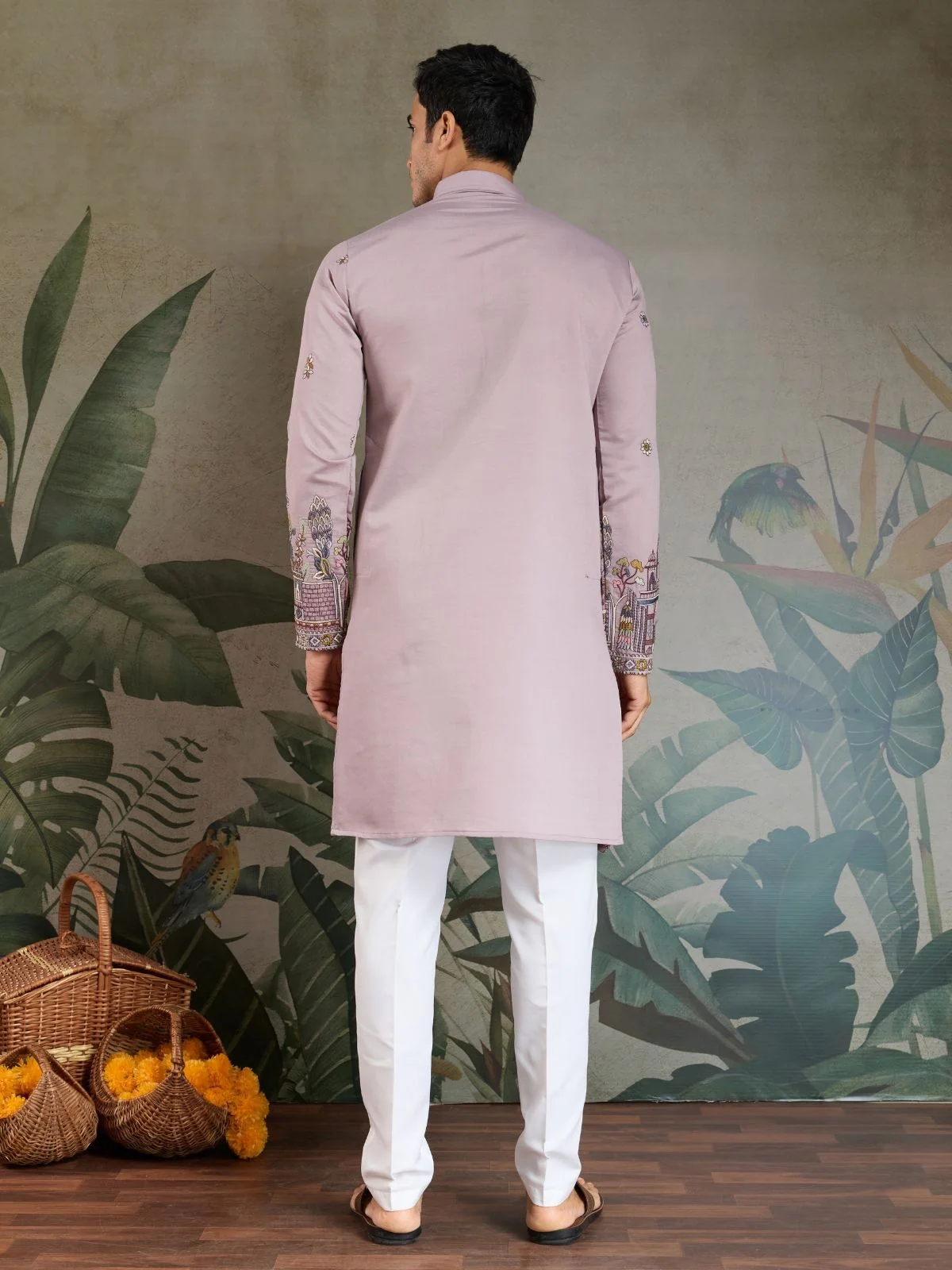 Odette Dusty Pink Viscose Silk Embroidered Stitched Kurta For Men - Image 4