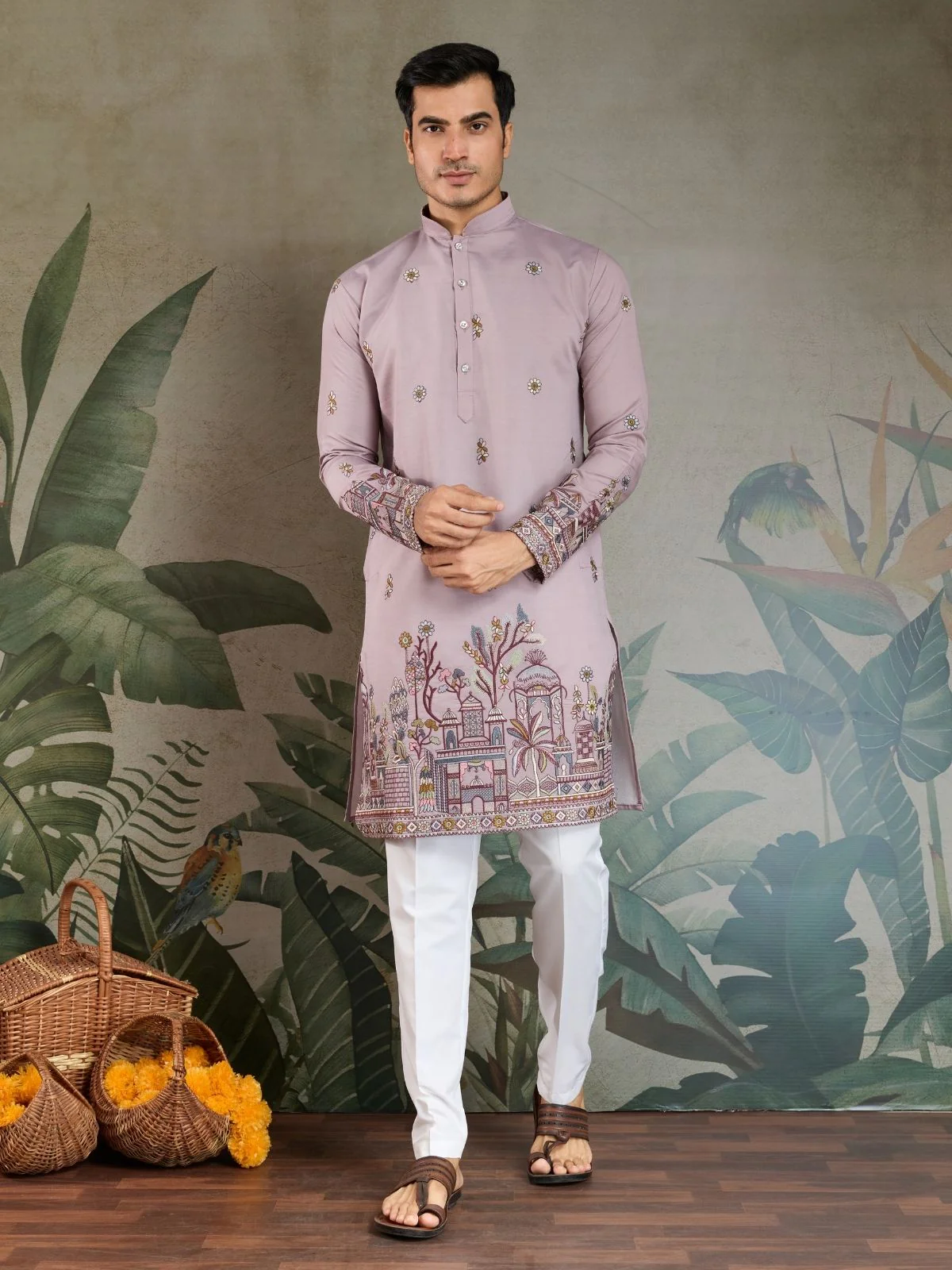 Odette Dusty Pink Viscose Silk Embroidered Stitched Kurta For Men - Image 5