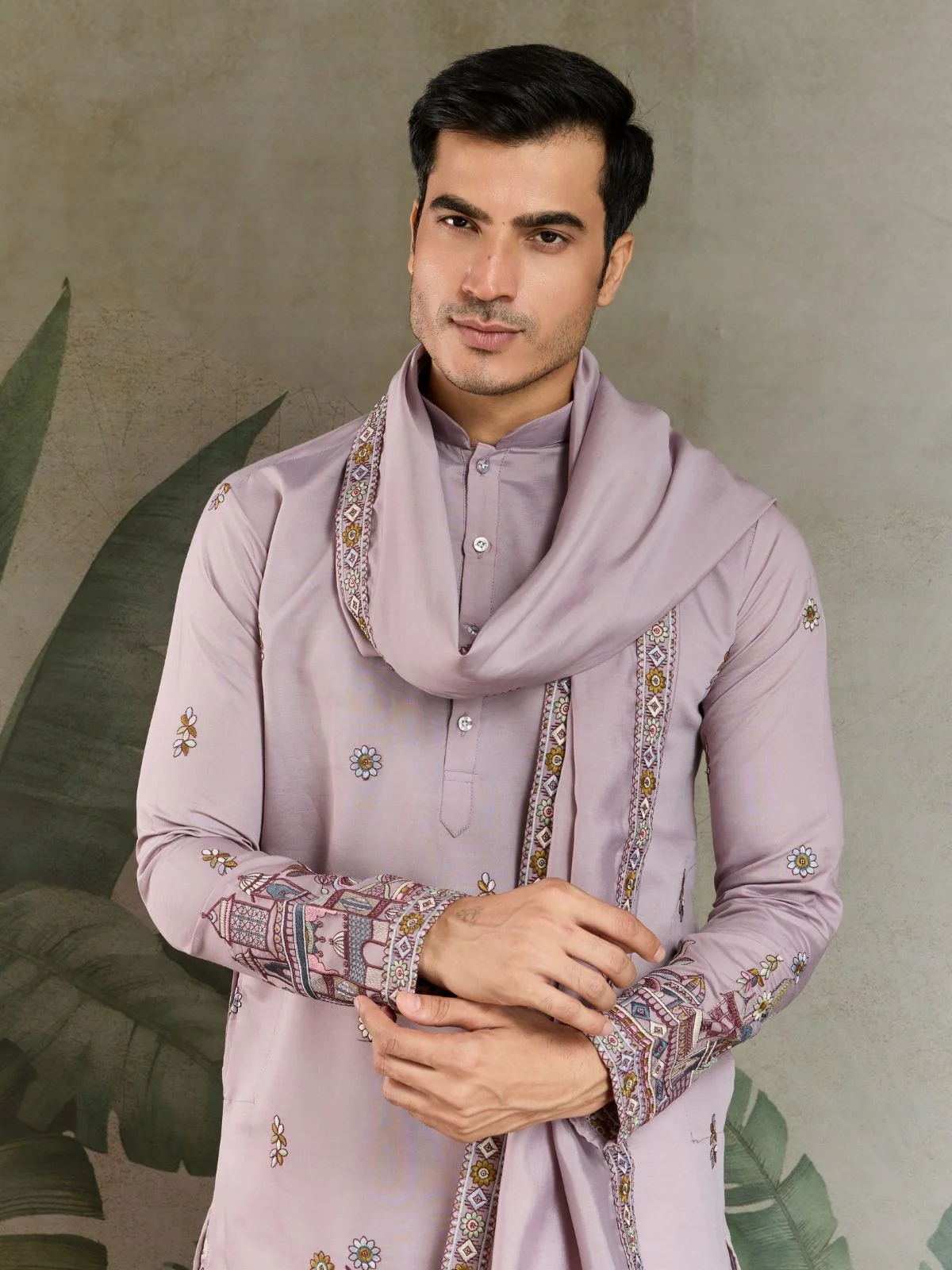 Odette Dusty Pink Viscose Silk Embroidered Stitched Kurta For Men - Image 6