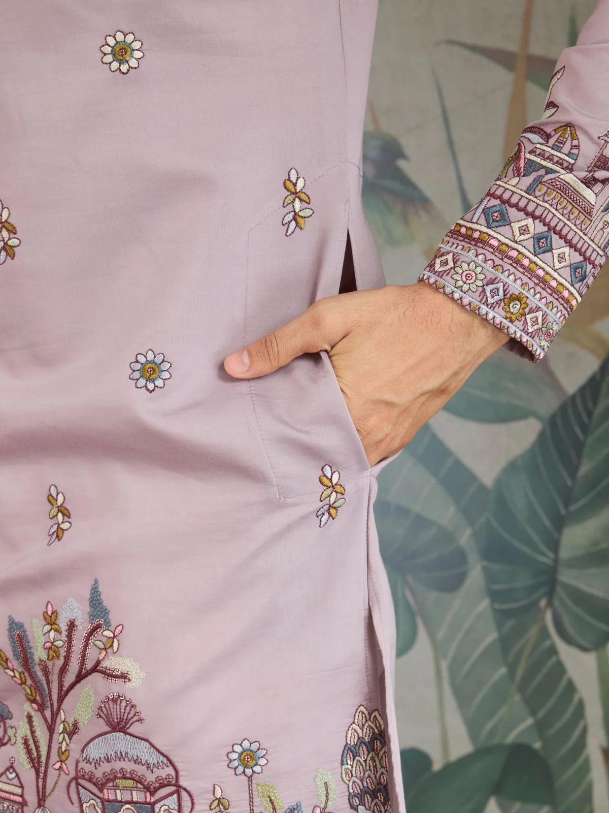 Odette Dusty Pink Viscose Silk Embroidered Stitched Kurta For Men - Image 8