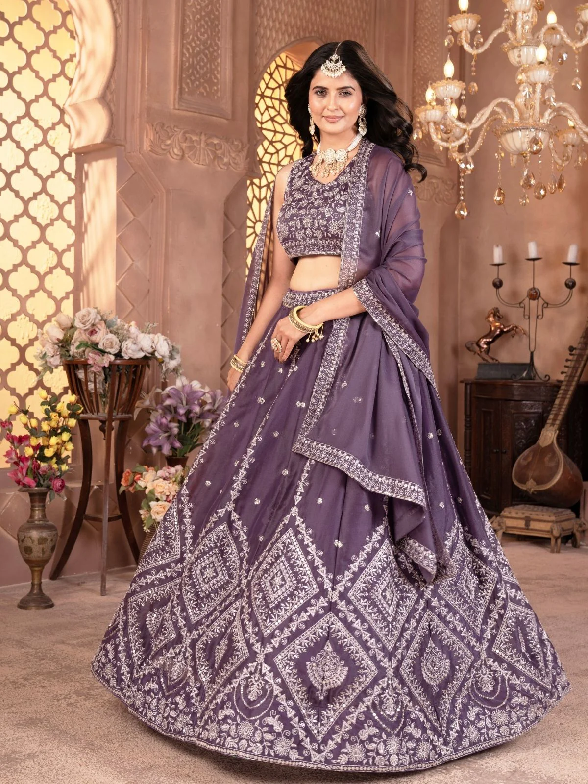 Odette Dusty Purple Georgette Embellished Semi Stitched Lehenga For Women - Image 2