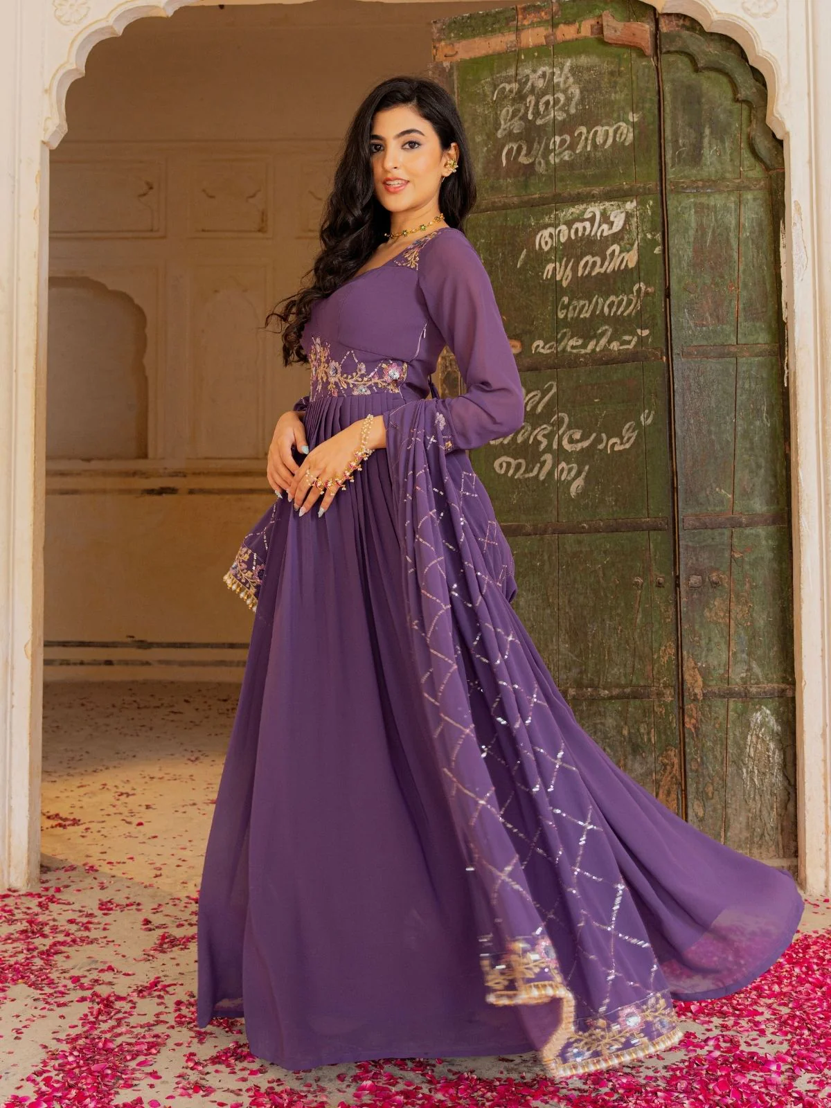 Odette Dusty Purple Georgette Sequins Embroidered Stitched Gown For Women - Image 3
