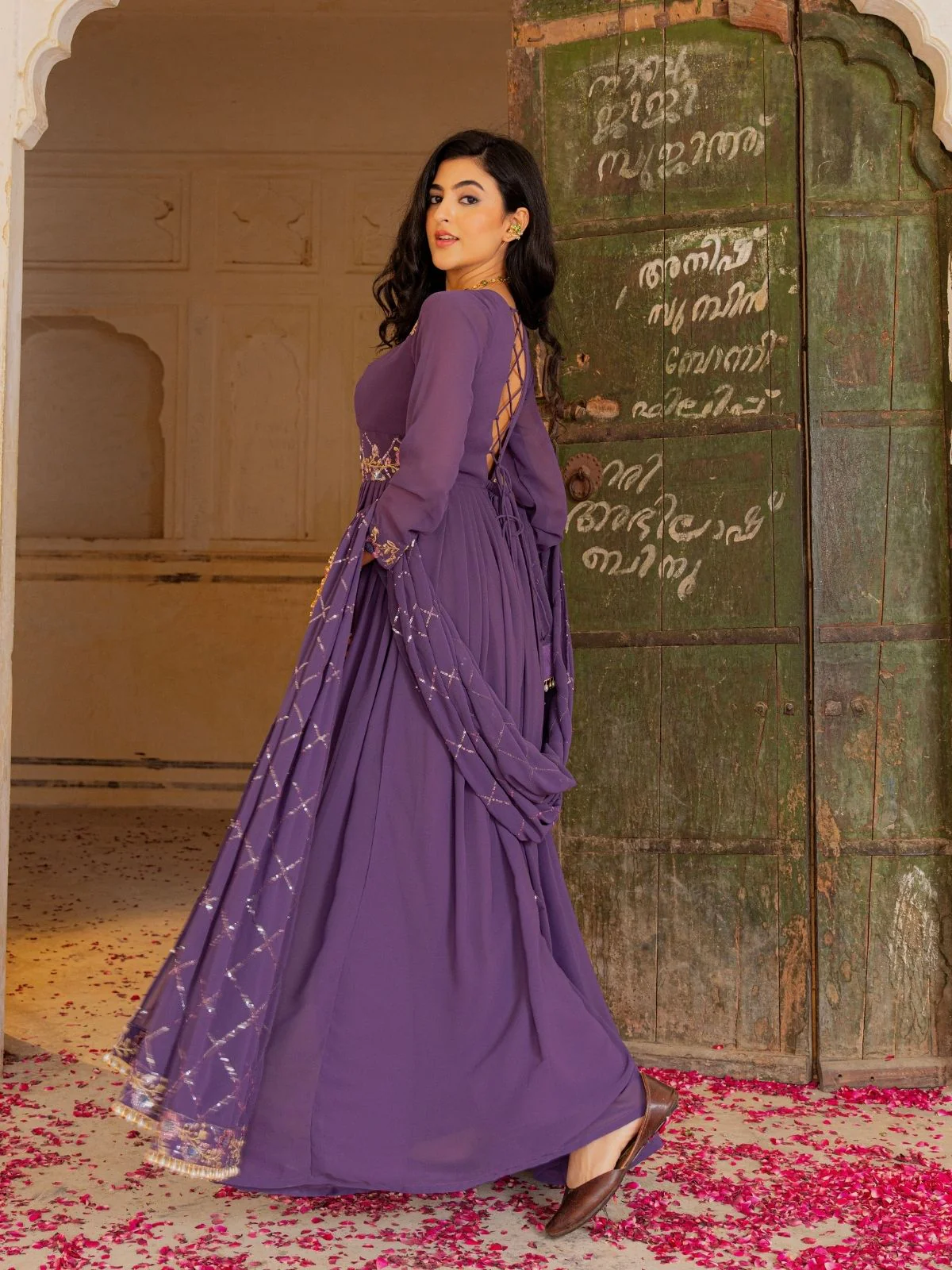 Odette Dusty Purple Georgette Sequins Embroidered Stitched Gown For Women - Image 4