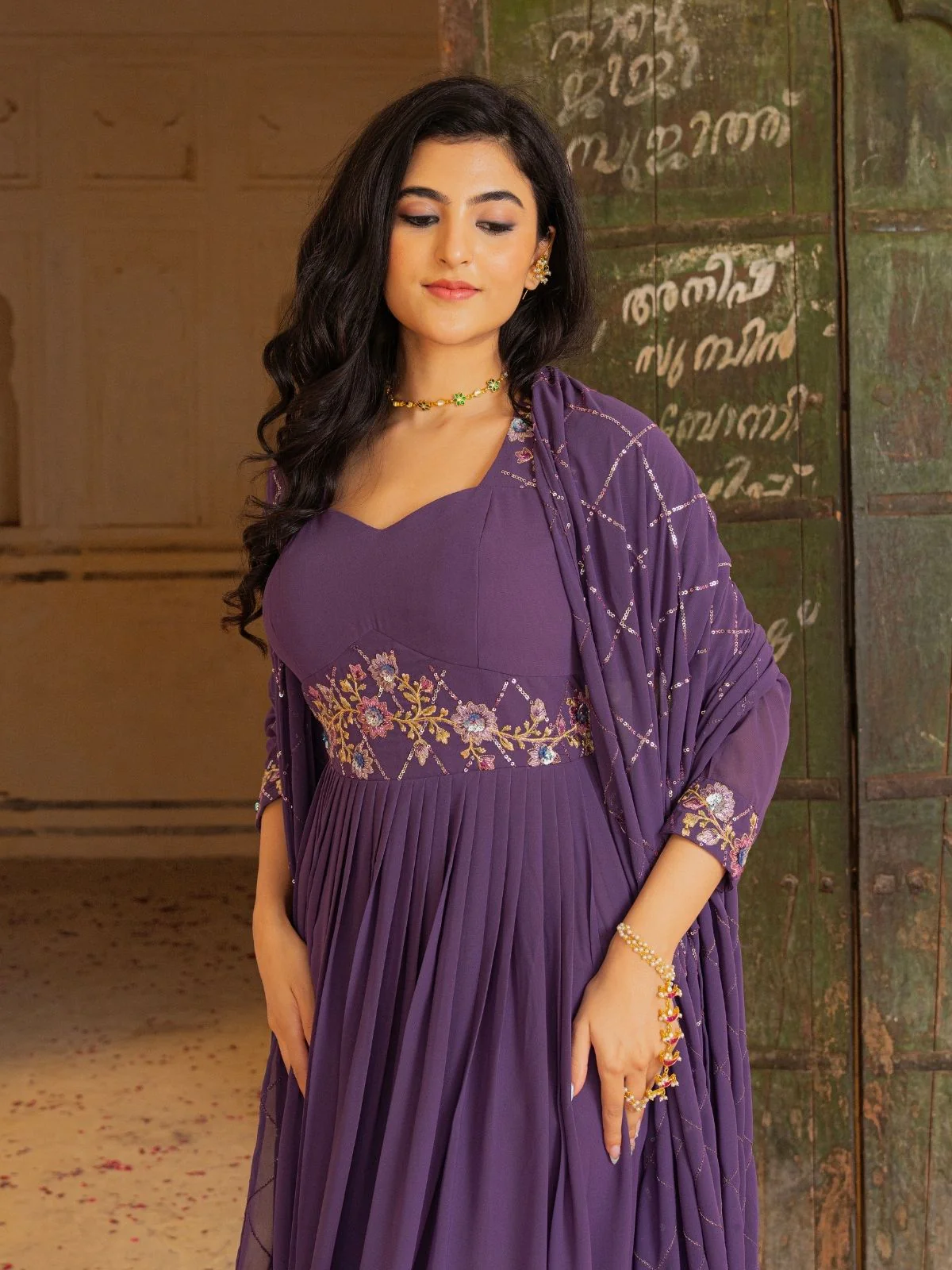 Odette Dusty Purple Georgette Sequins Embroidered Stitched Gown For Women - Image 5
