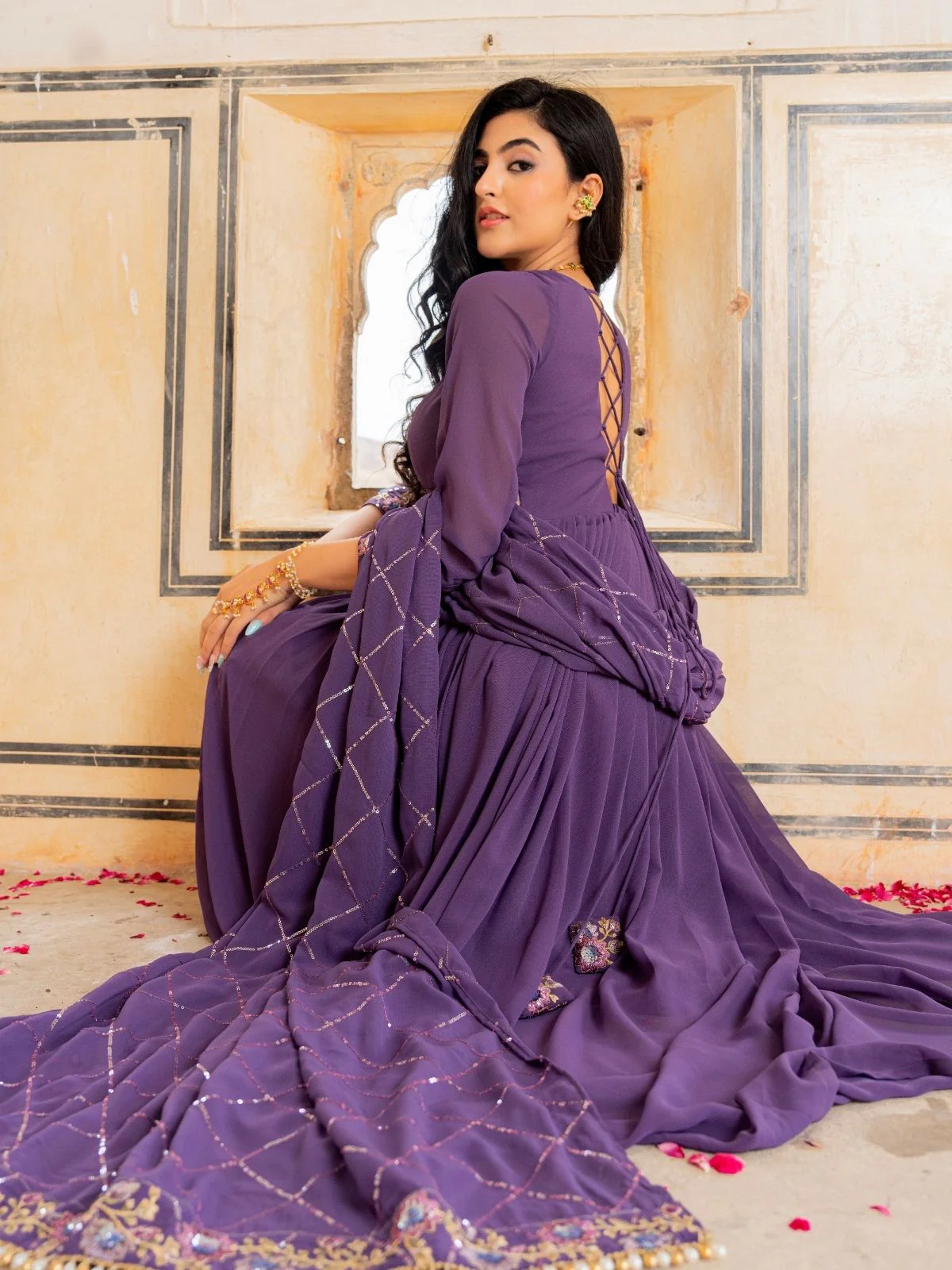 Odette Dusty Purple Georgette Sequins Embroidered Stitched Gown For Women - Image 6