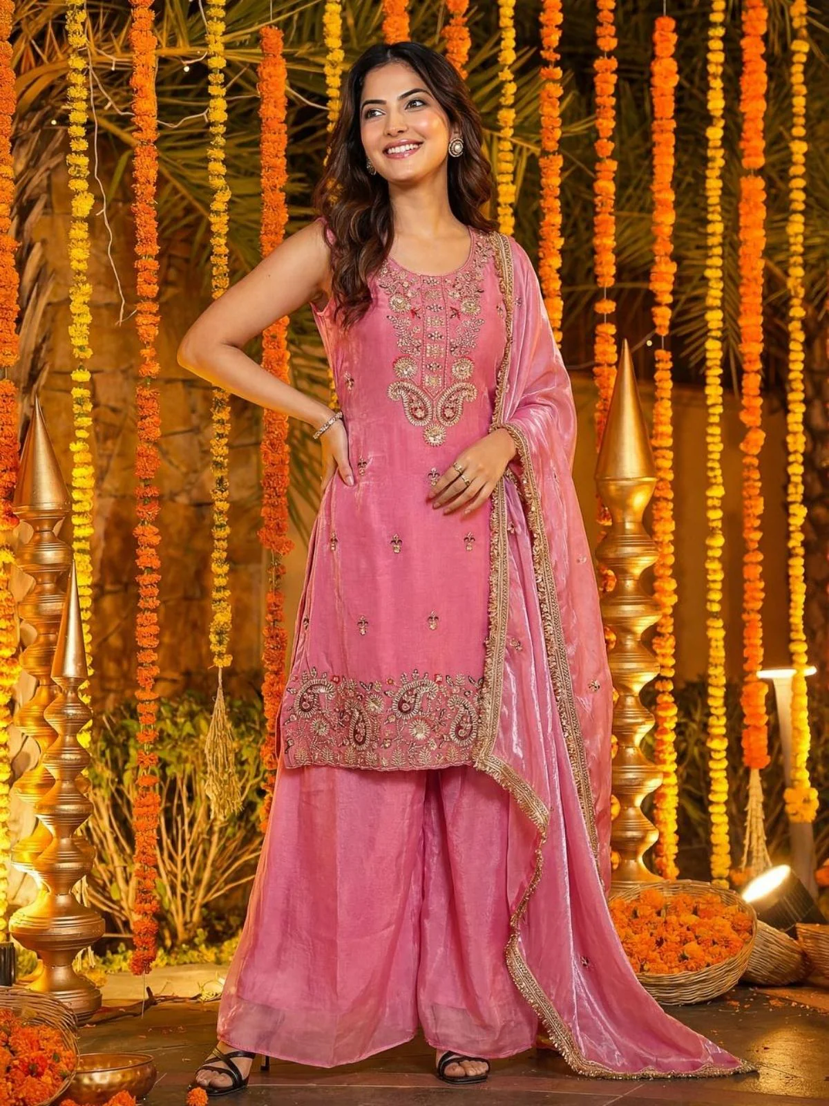 Odette Dusty Rose Chiffon Solid Stitched Kurta Set For Women - Image 2