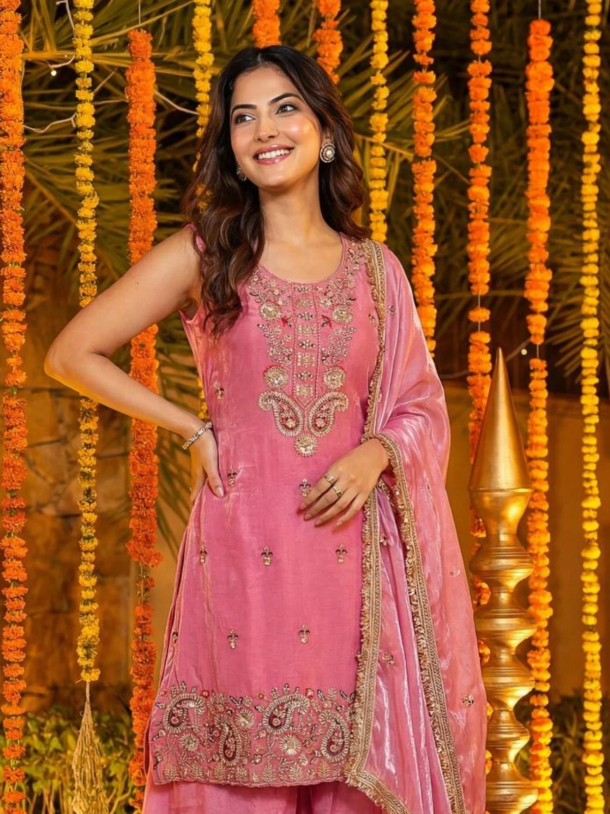 Odette Dusty Rose Chiffon Solid Stitched Kurta Set For Women - Image 3