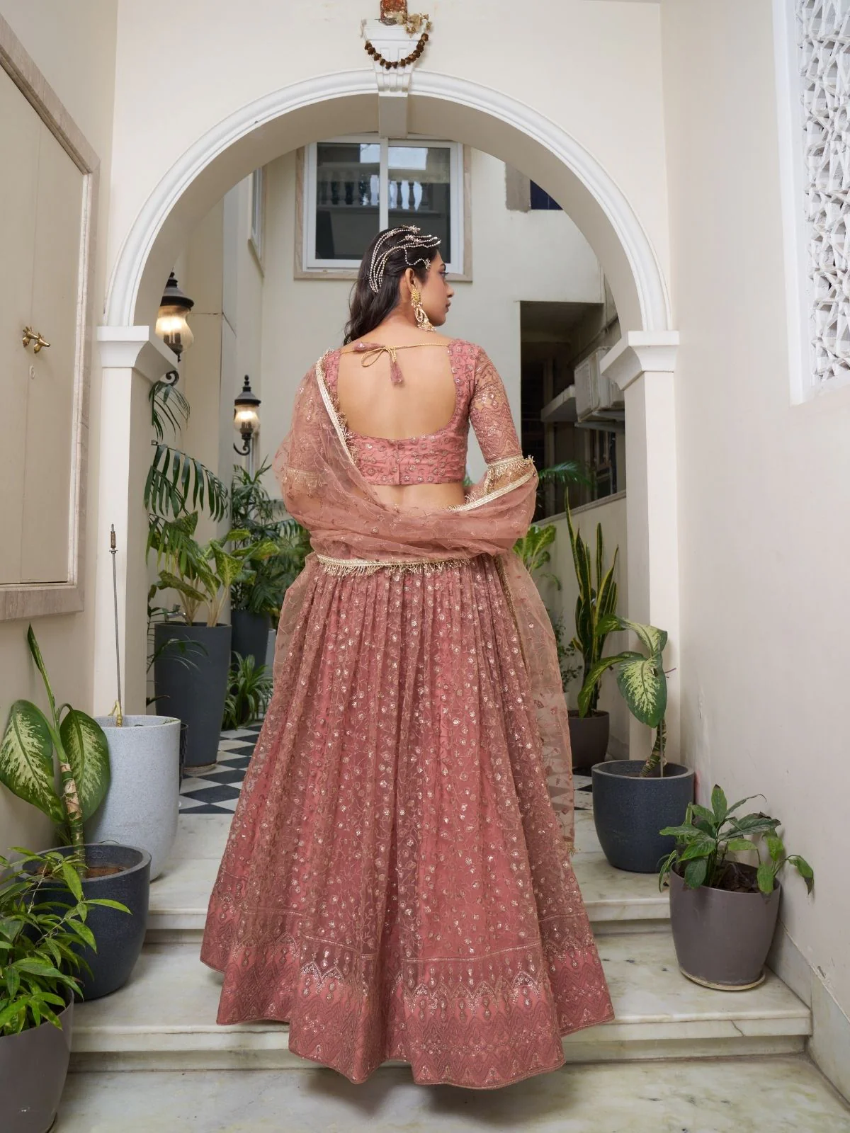 Odette Dusty Rose Pink Net Embroidered Semi Stitched Lehenga For Women - Image 3