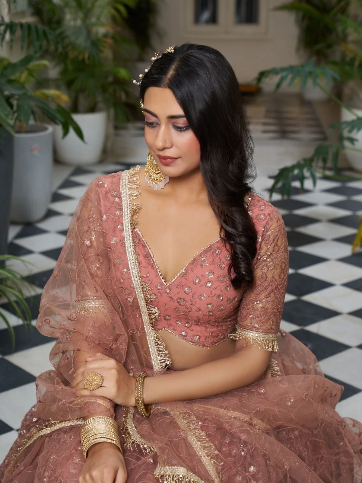 Odette Dusty Rose Pink Net Embroidered Semi Stitched Lehenga For Women - Image 4