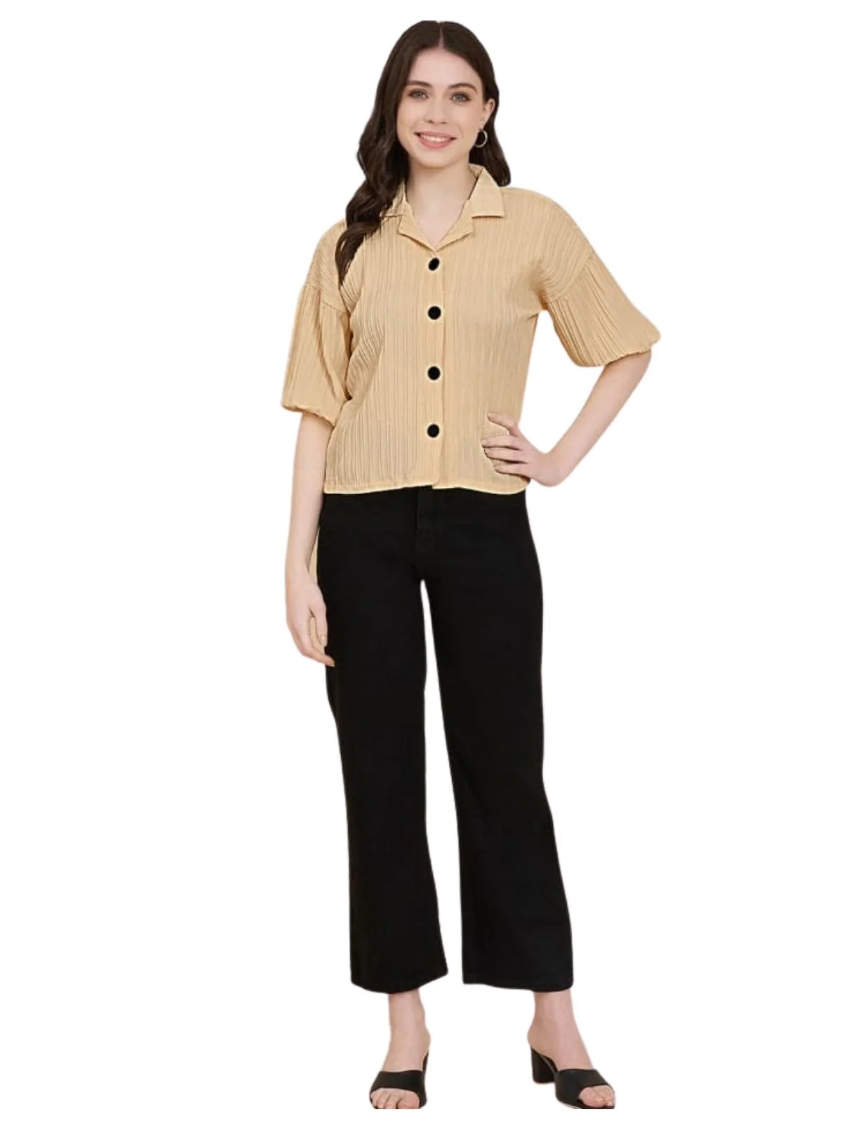 Odette Beige Sugarcane Solid Shirt For Women