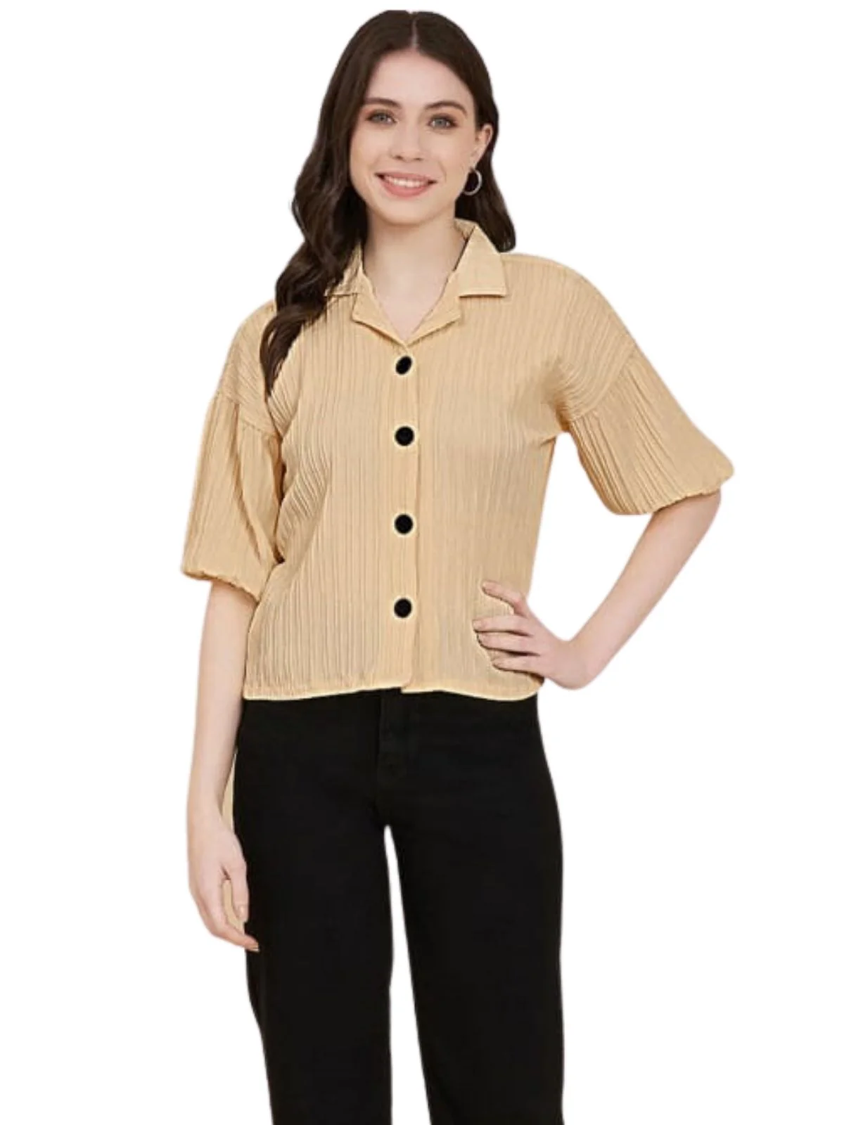 Odette Beige Sugarcane Solid Shirt For Women - Image 2
