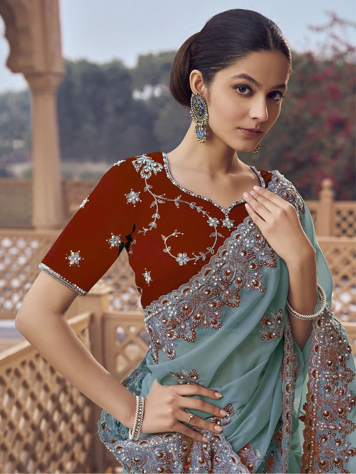 Odette Dusty Teal Georgette Embellished Elegant Saree For Women - Image 2