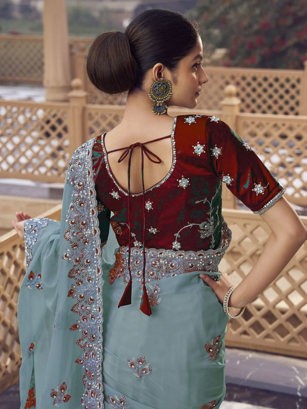 Odette Dusty Teal Georgette Embellished Elegant Saree For Women - Image 3