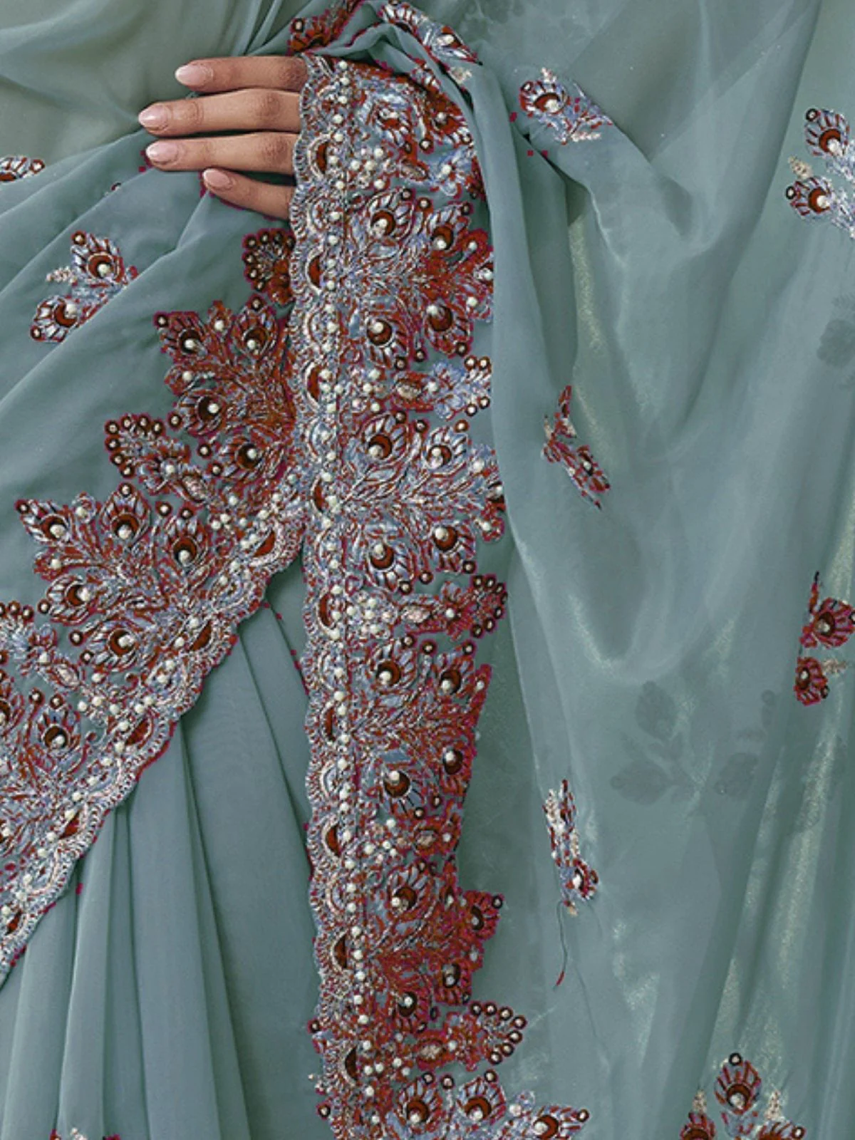 Odette Dusty Teal Georgette Embellished Elegant Saree For Women - Image 4