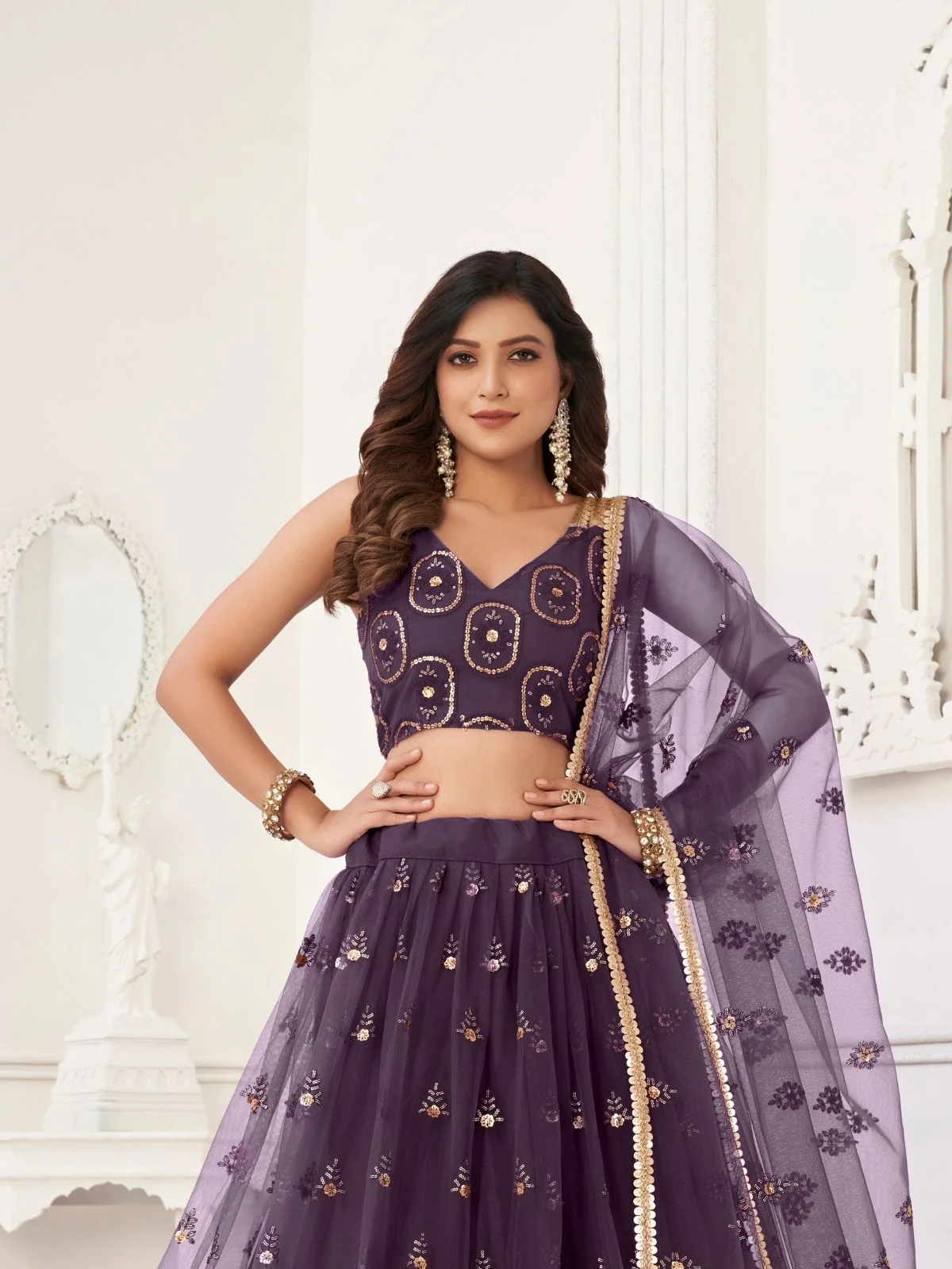 Odette Dusty Wine Net Embroidered Semi Stitched Lehenga For Women - Image 2