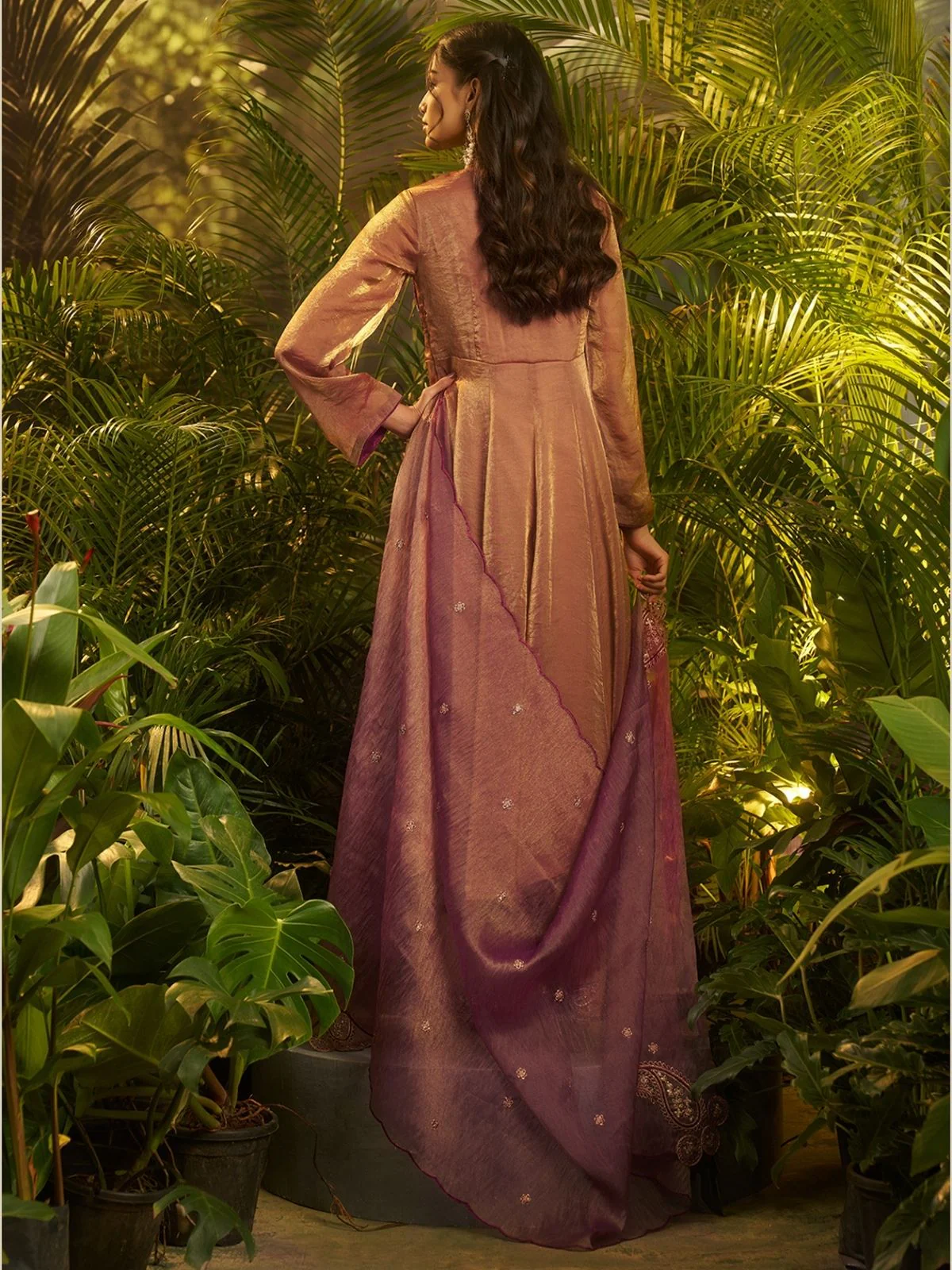 Odette Dusty Wine Organza Embroidered Kurta Set For Women - Image 4