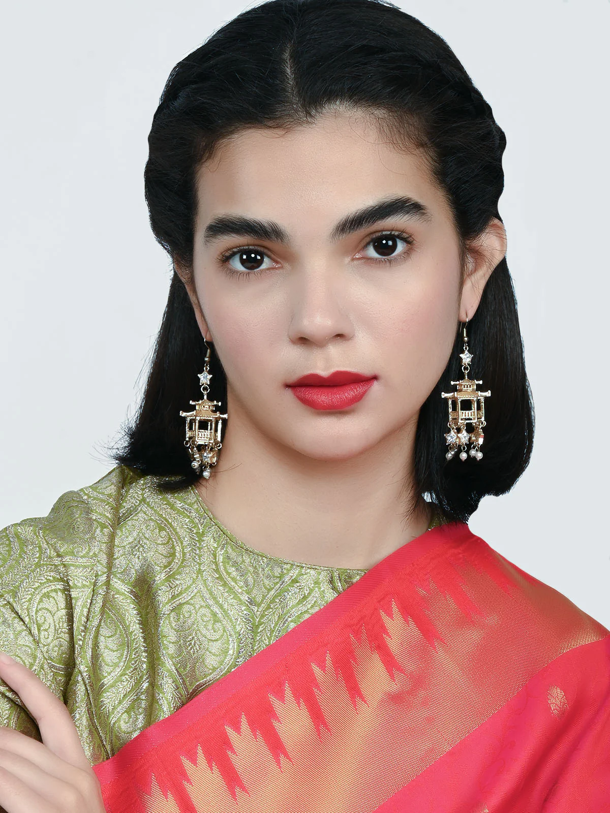 Odette Gold Alloy Embellished Earrings For Women - Image 6