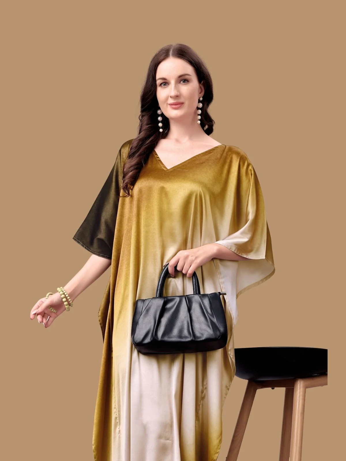 Odette Gold And Brown Satin Printed Kaftan For Women - Image 4