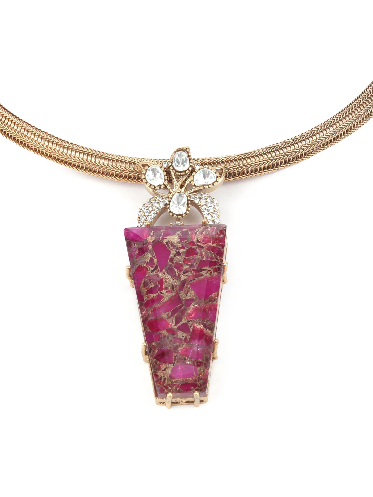 Odette Gold And Magenta Mixed Metal Embellished Neck Piece Set For Women - Image 4