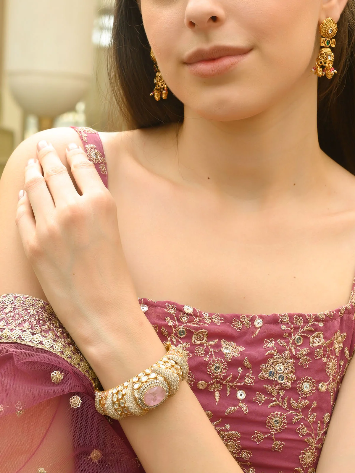 Odette Gold And Pink Mixed Metal Embellished Bracelets For Women