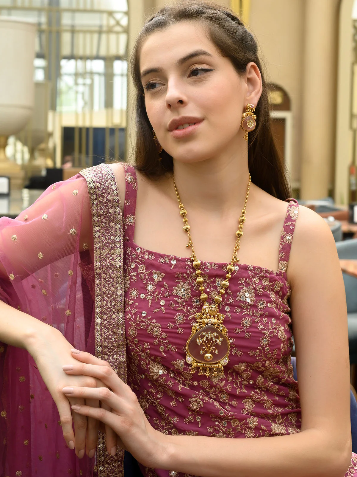 Odette Gold And Pink Mixed Metal Embellished Neck Piece Set For Women - Image 2