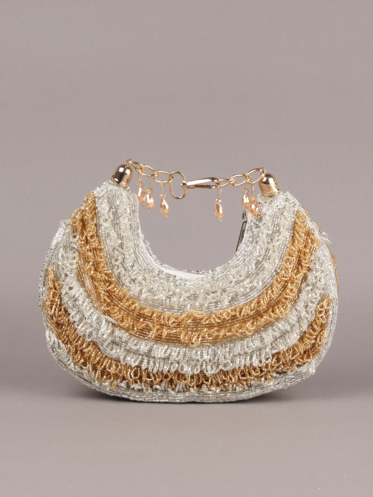 Odette Gold And Silver Tasseled Moon Clutch For Women - Image 3