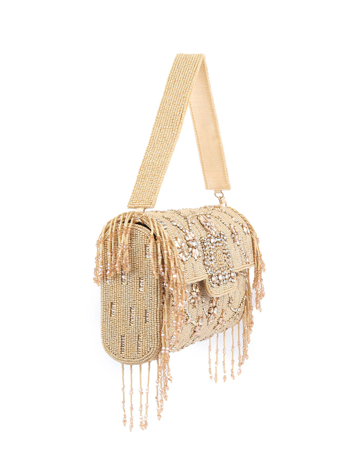 Odette Gold Cotton Blend Embellished Hand Bag For Women - Image 4