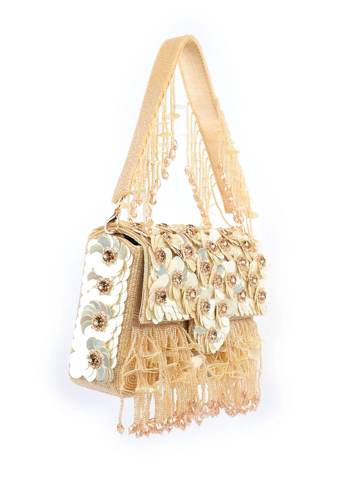 Odette Gold Cotton Blend Embellished Hand Bag For Women - Image 5