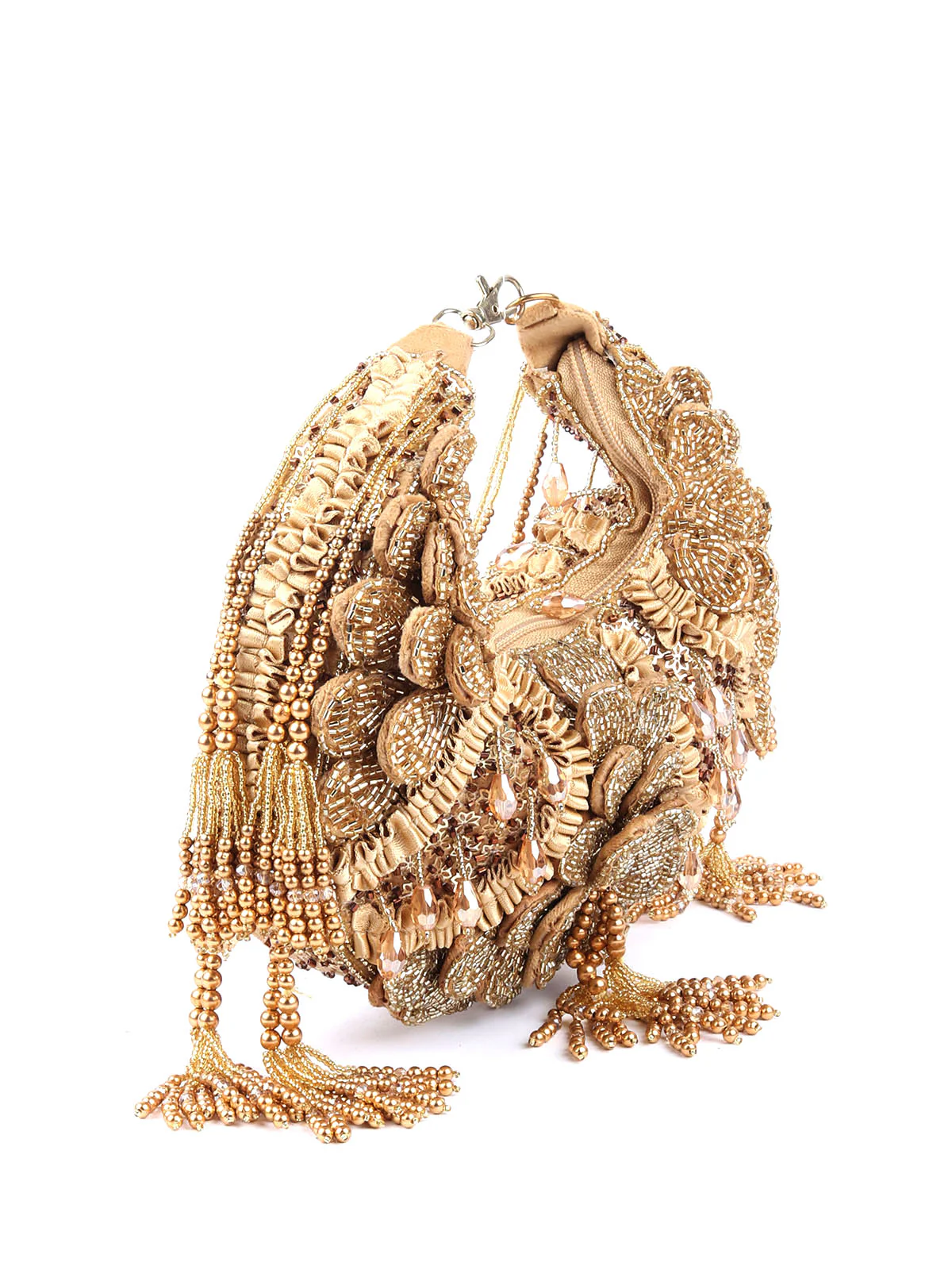 Odette Gold Embellished Clutch With Tassels For Women - Image 4