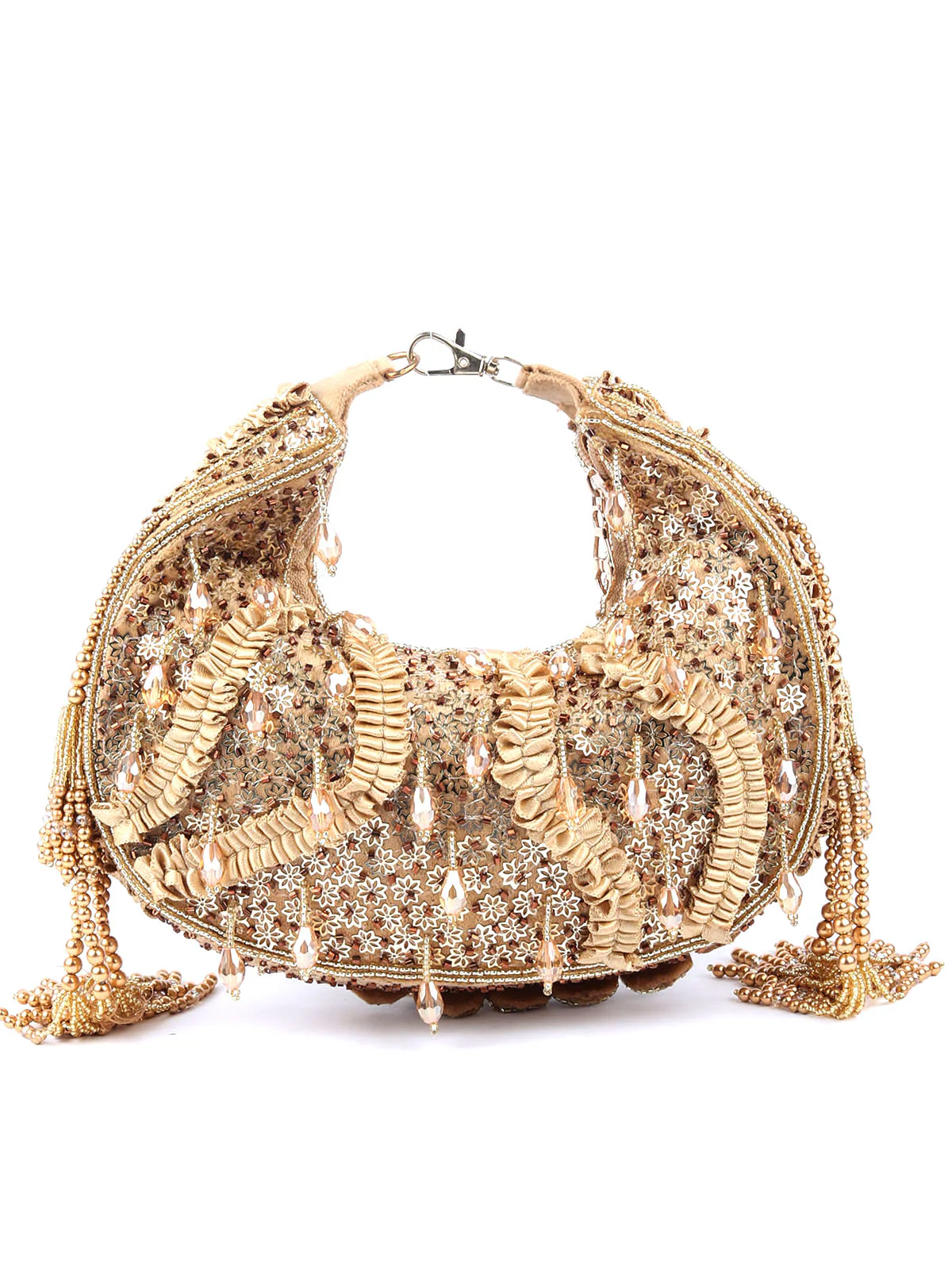 Odette Gold Embellished Clutch With Tassels For Women - Image 5