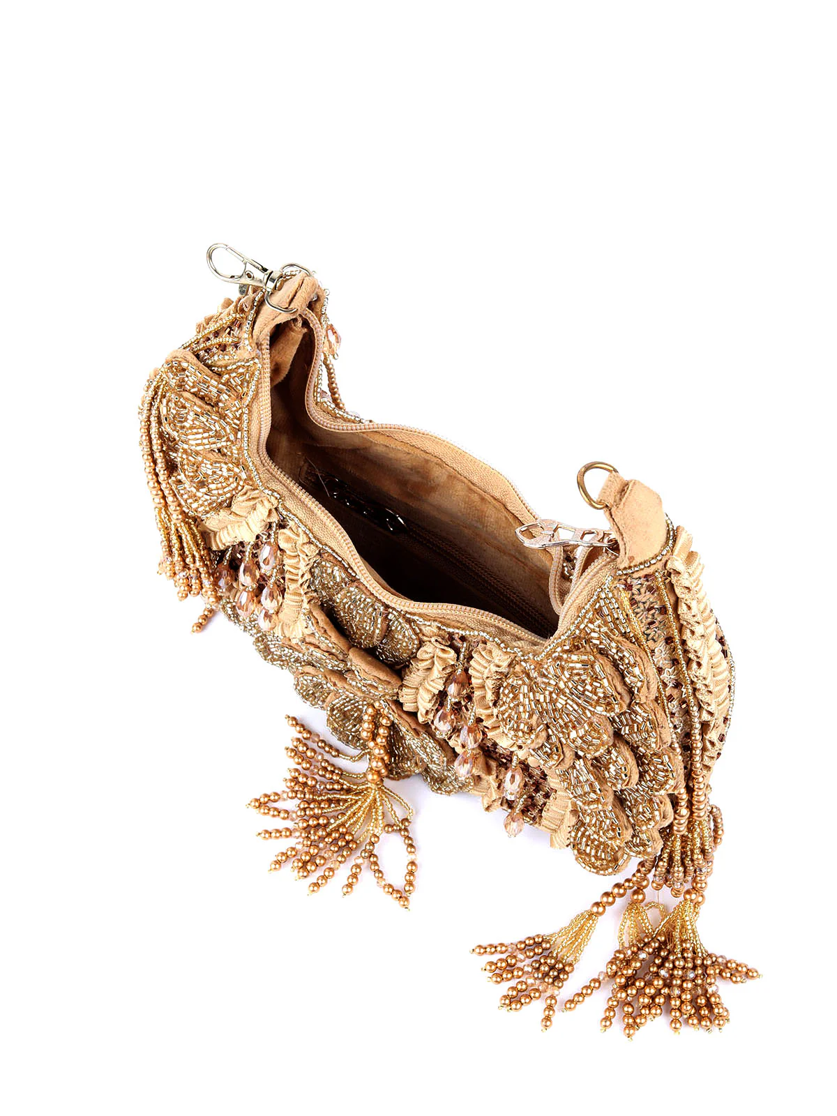 Odette Gold Embellished Clutch With Tassels For Women - Image 6