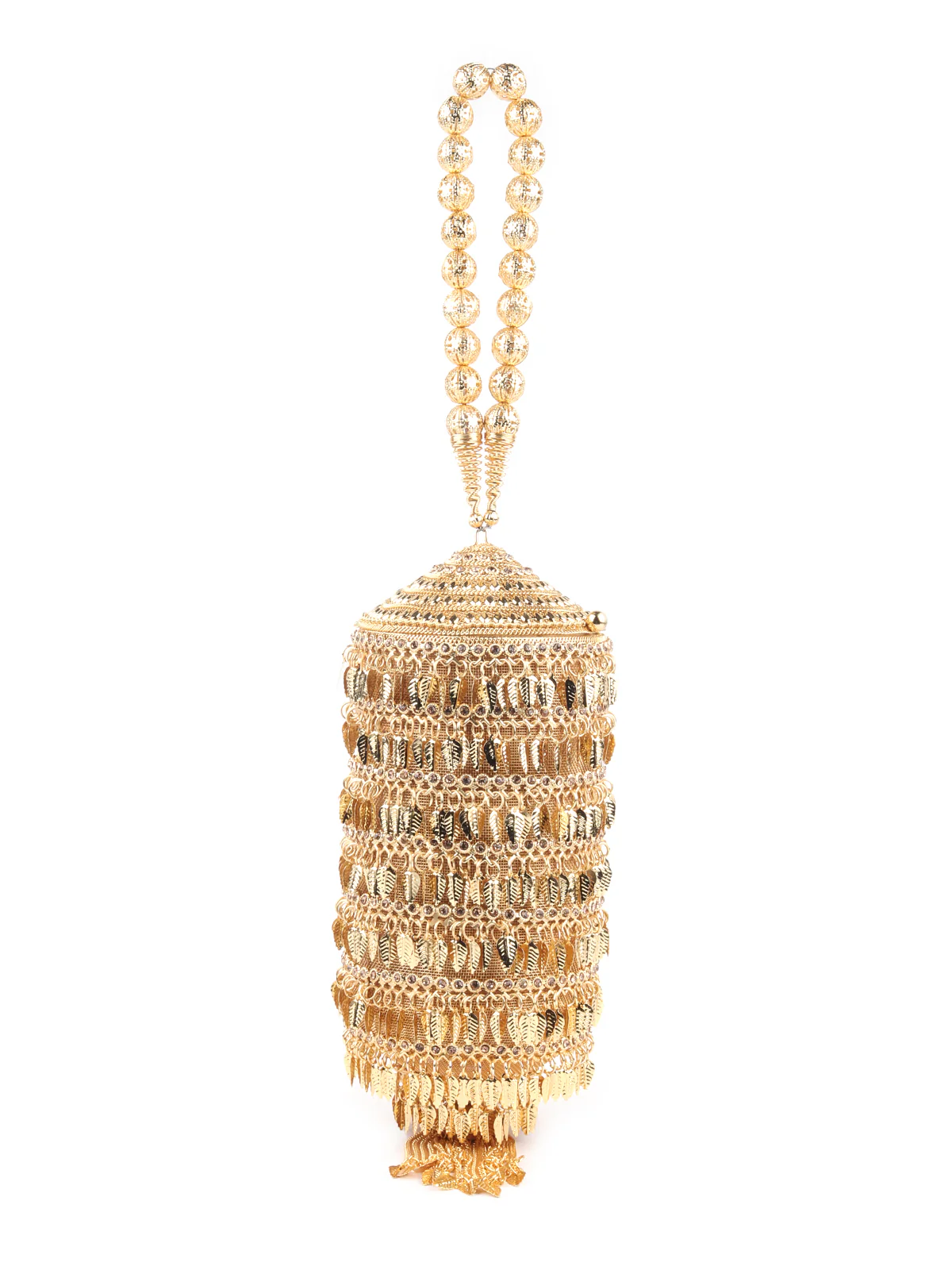 Odette Gold Embellished Cylindrical Metal Clutch for Women - Image 3