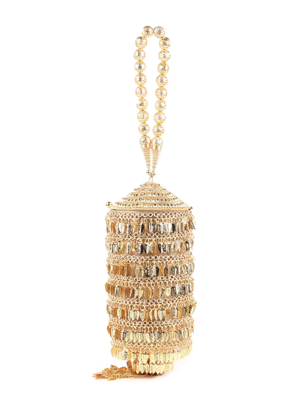 Odette Gold Embellished Cylindrical Metal Clutch for Women - Image 4