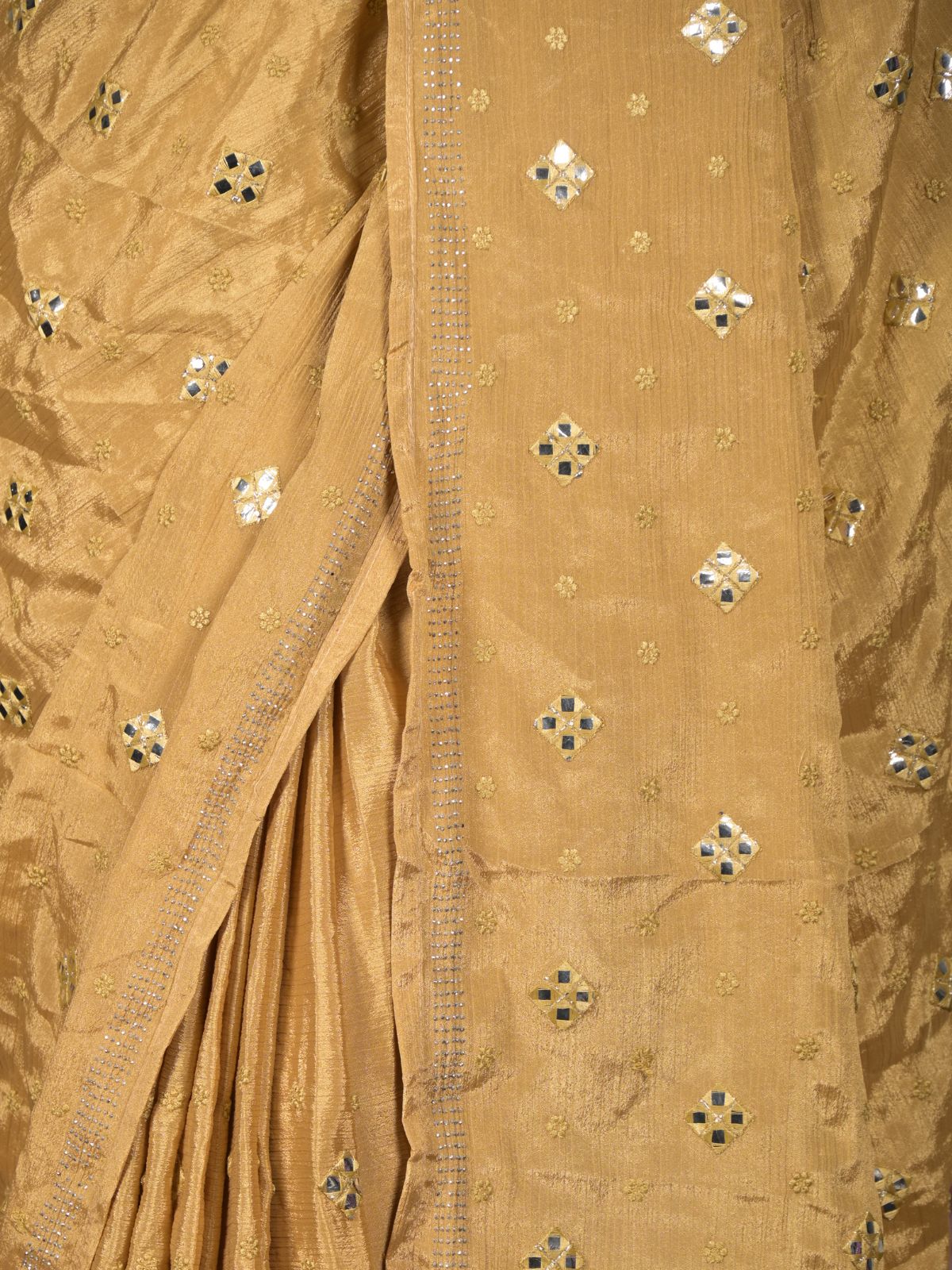 Odette Gold Embroidered Crepe Saree With Unstitched Blouse For Women - Image 5