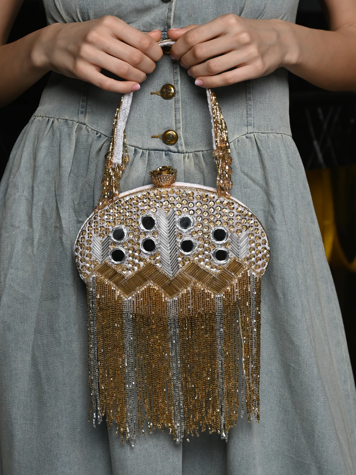 Odette Gold Mirror Embellished Clutch For Women - Image 2