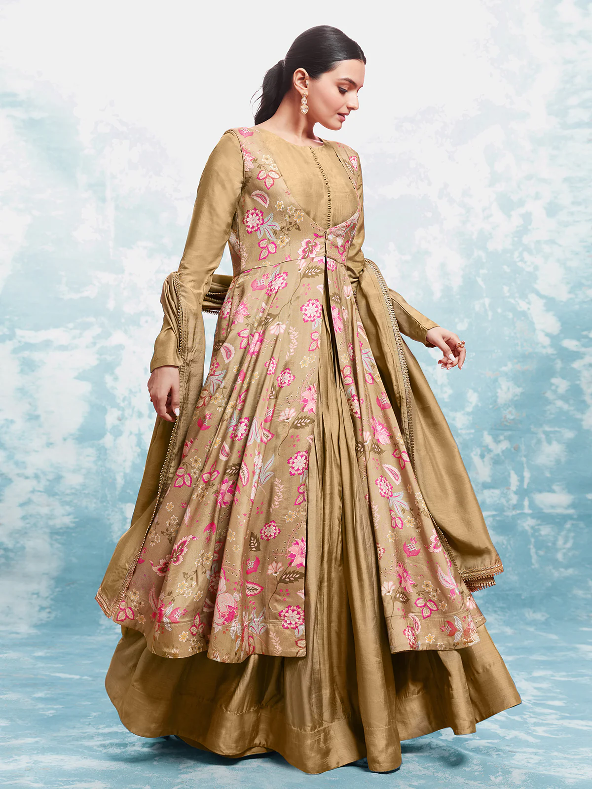 Odette Gold Muslin Printed Gown For Women - Image 2
