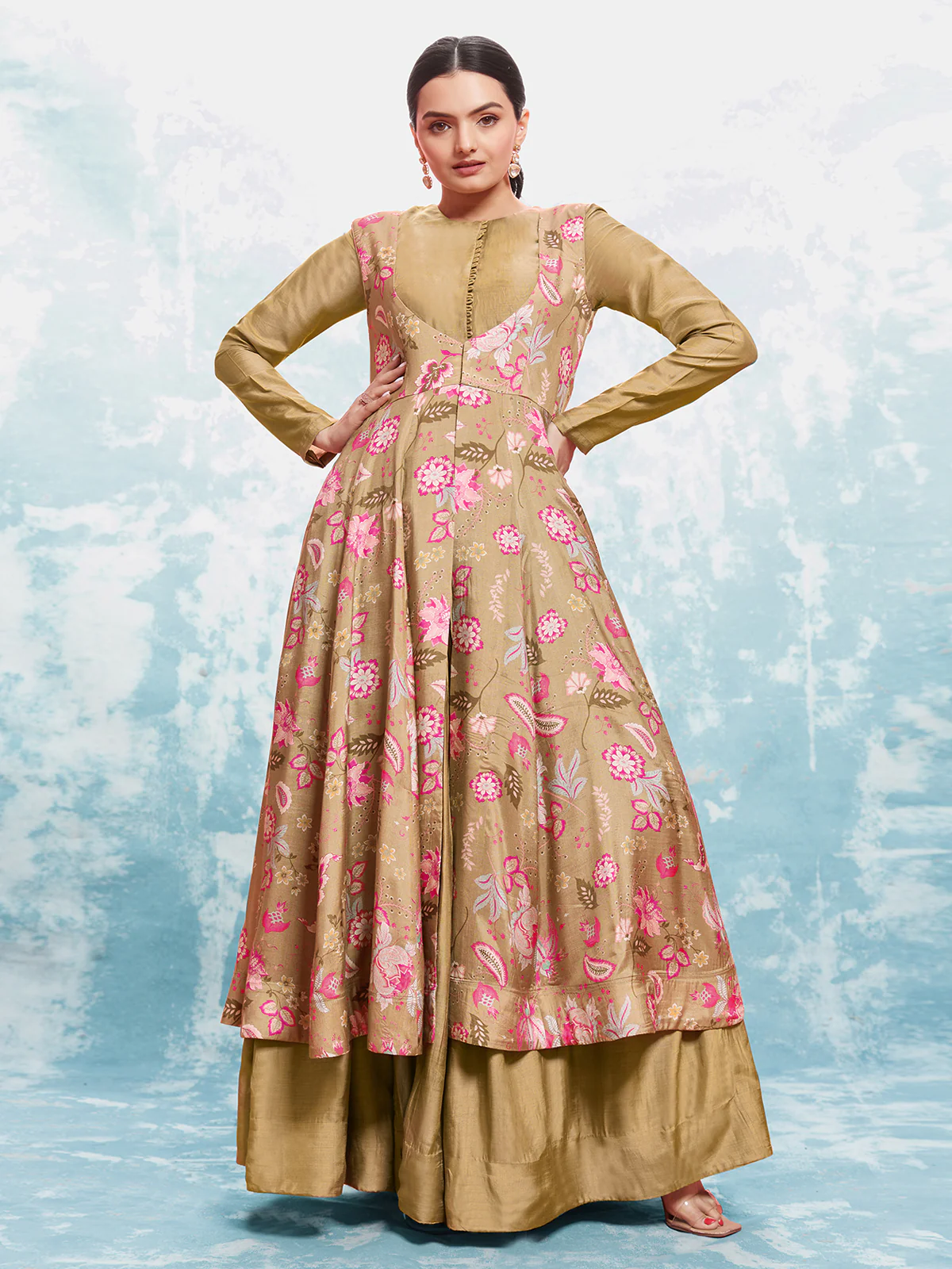 Odette Gold Muslin Printed Gown For Women - Image 4