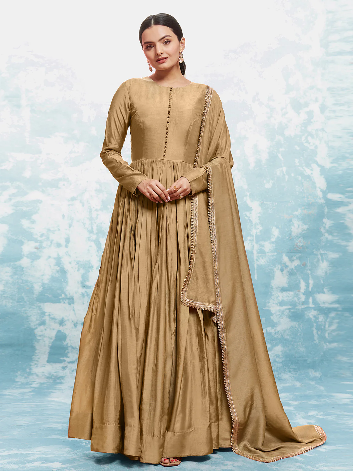 Odette Gold Muslin Printed Gown For Women - Image 5