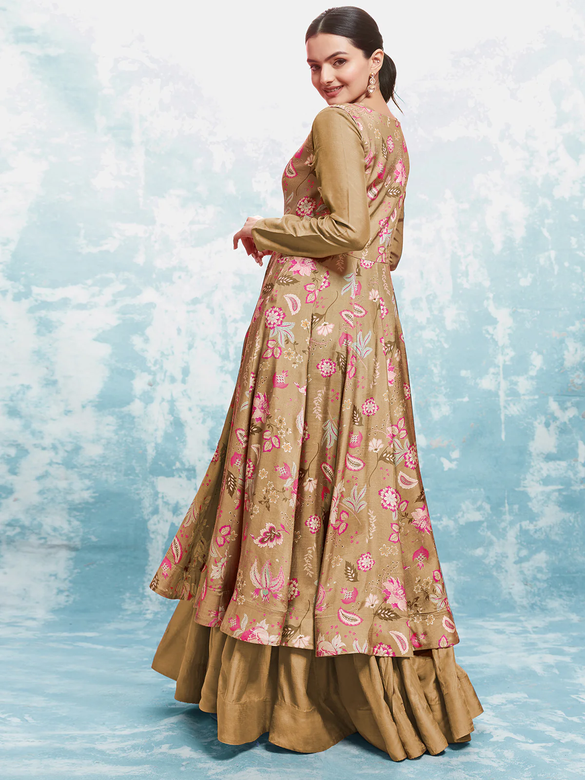 Odette Gold Muslin Printed Gown For Women - Image 6