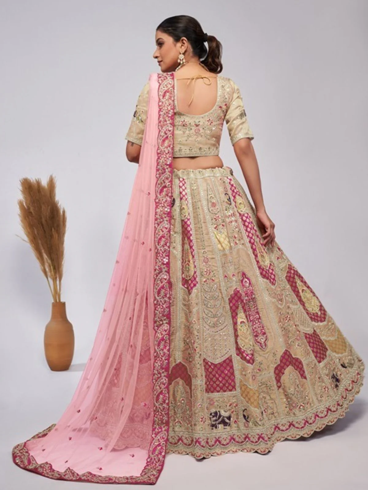 Odette Gold Organza Embellished Semi-Stitched Lehenga With Unstitched Blouse For Women - Image 3