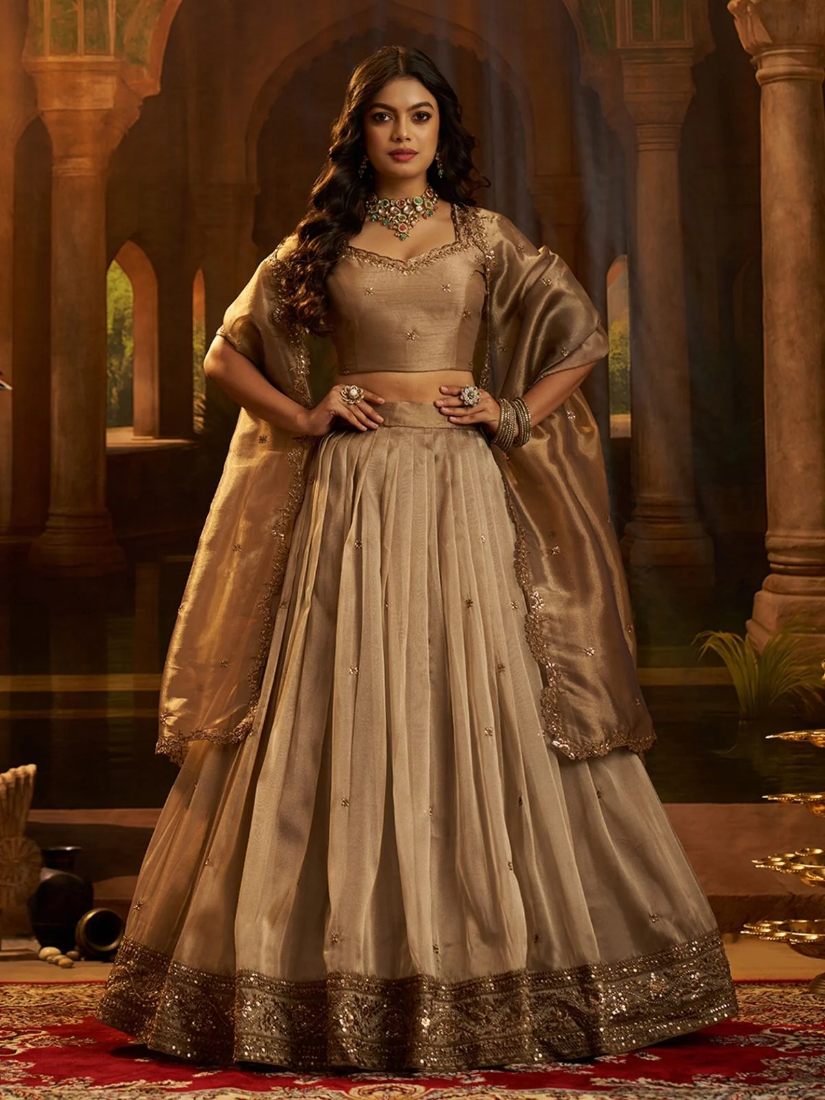 Odette Gold Organza Embroidered Lehenga For Women