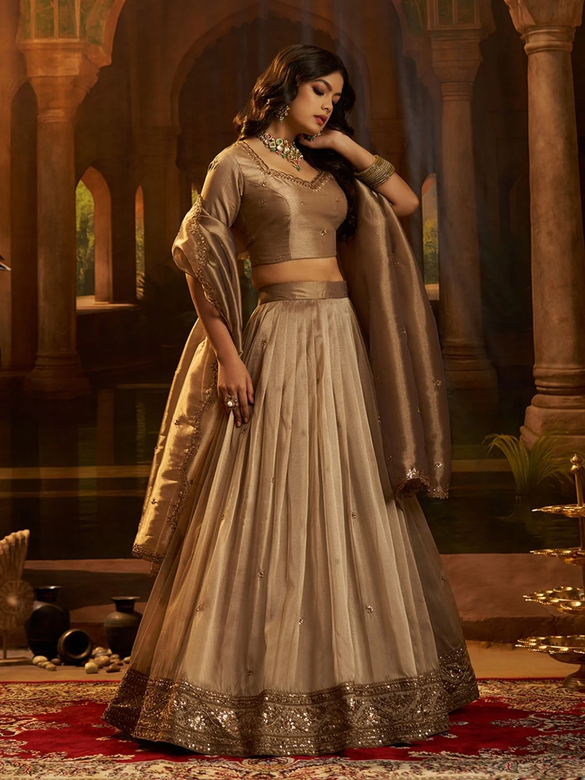 Odette Gold Organza Embroidered Lehenga For Women - Image 2