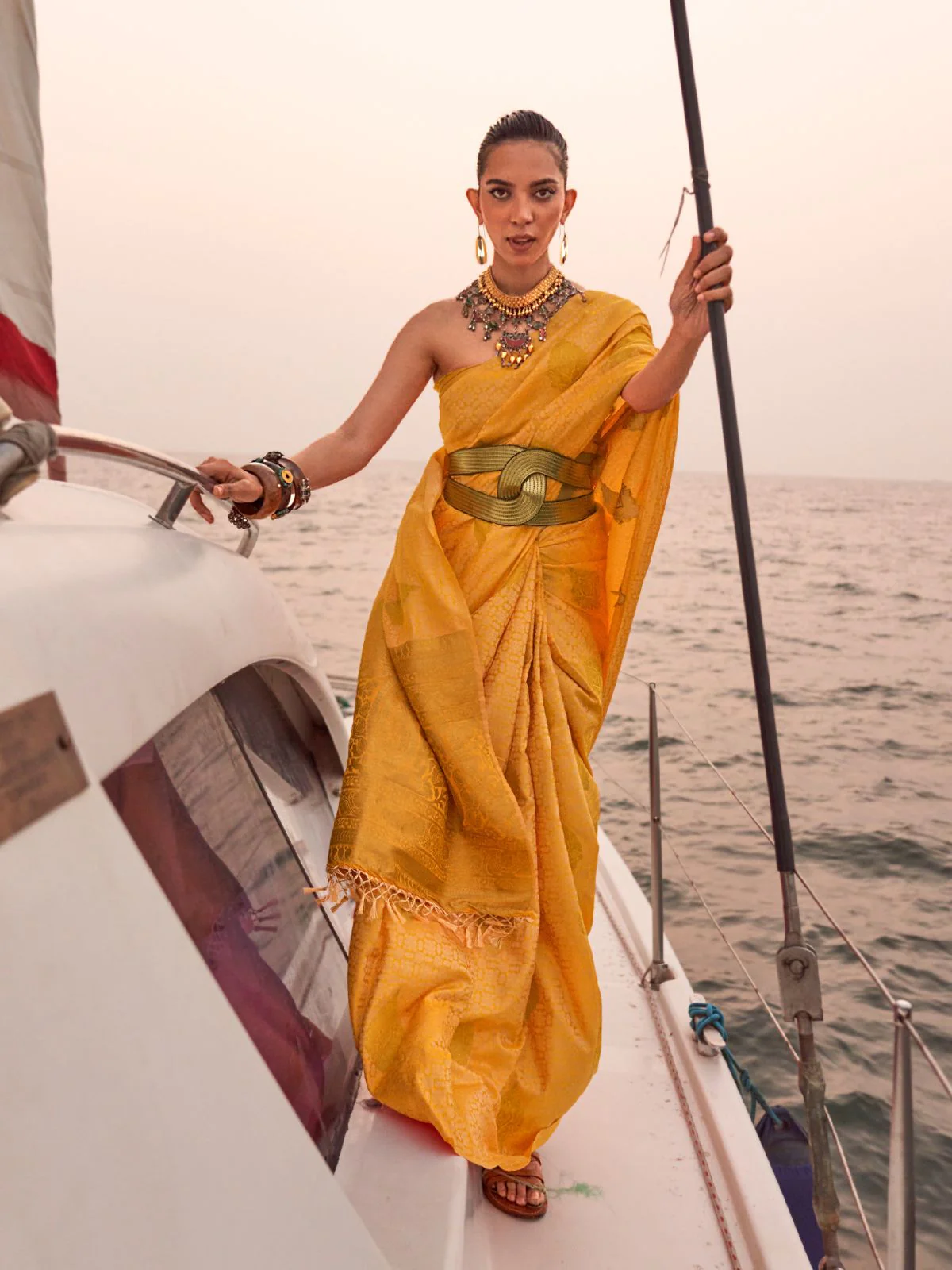 Odette Yellow Satin Woven Saree With Unstitched Blouse for Women