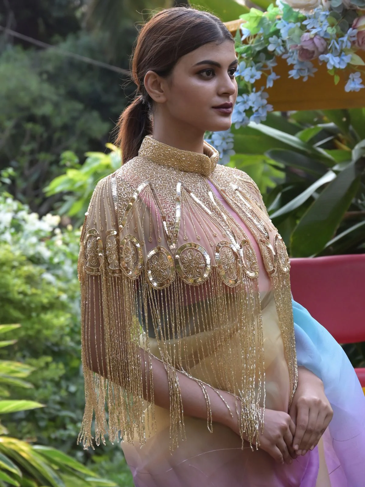 Odette Gold Sequins and Beads Embellished Tassels Cape for Women - Image 2