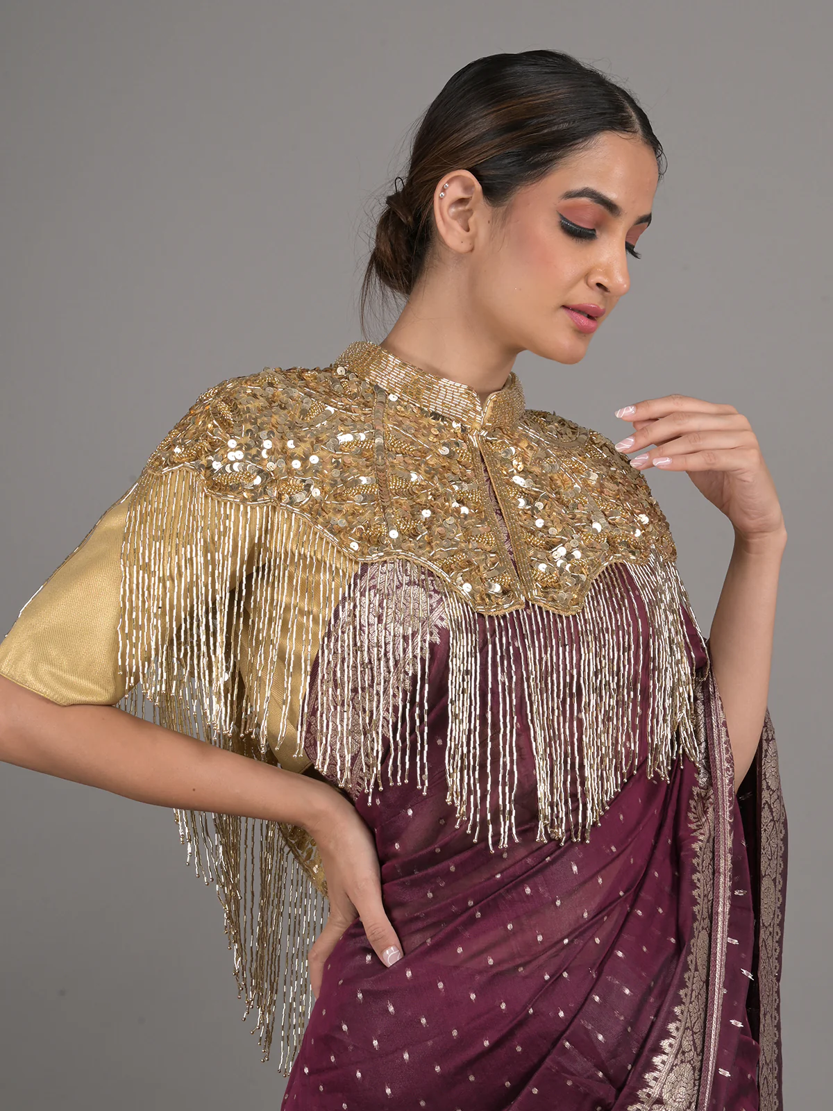 Odette Gold Sequins and Beads Embellished Tassels Cape for Women - Image 2