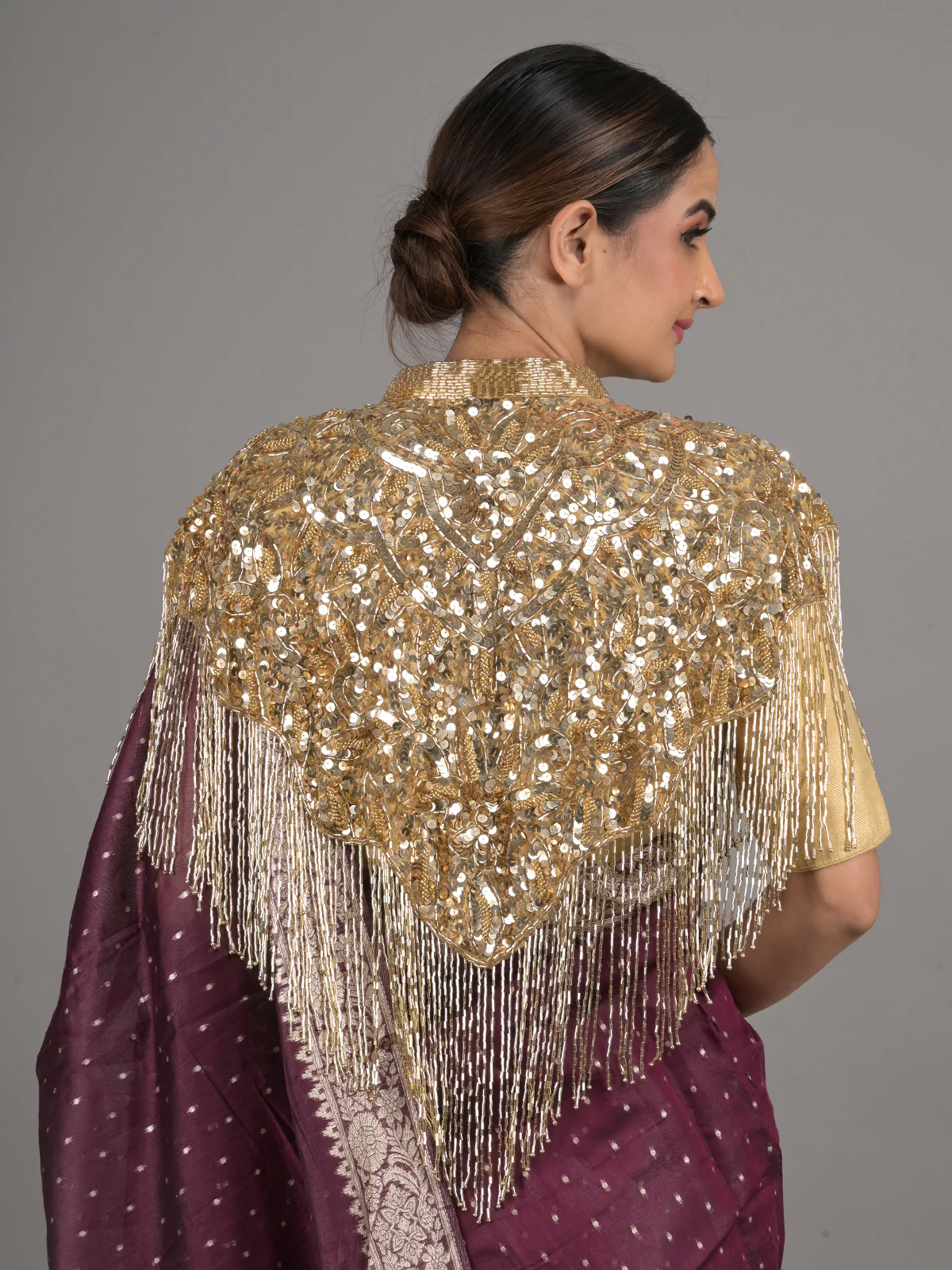 Odette Gold Sequins and Beads Embellished Tassels Cape for Women - Image 3