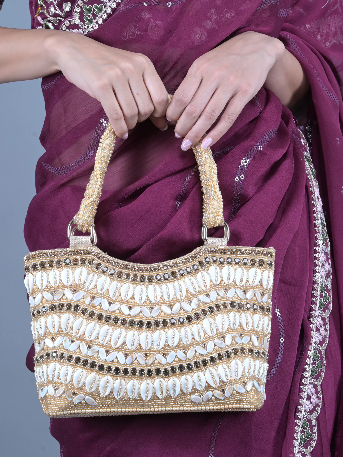Odette Gold Shells and Beads Embroidered Clutch for Women - Image 2