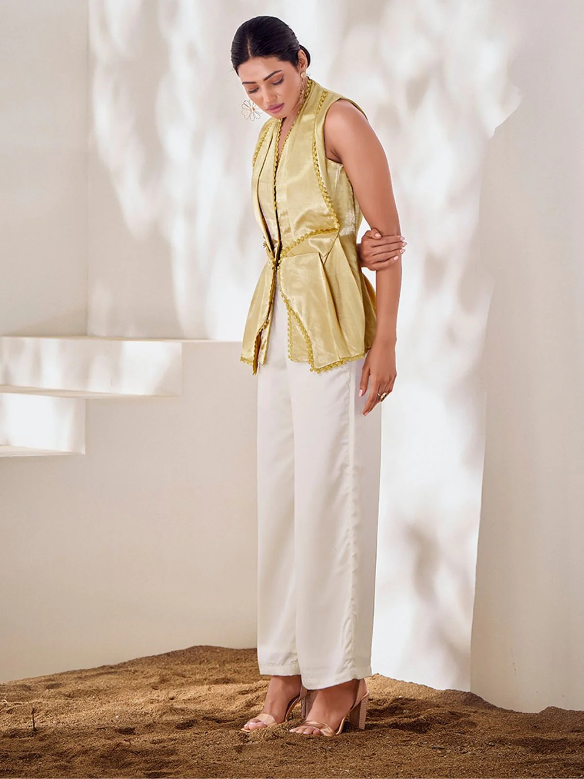 Odette Gold Silk Blend Lace Work Top For Women - Image 3
